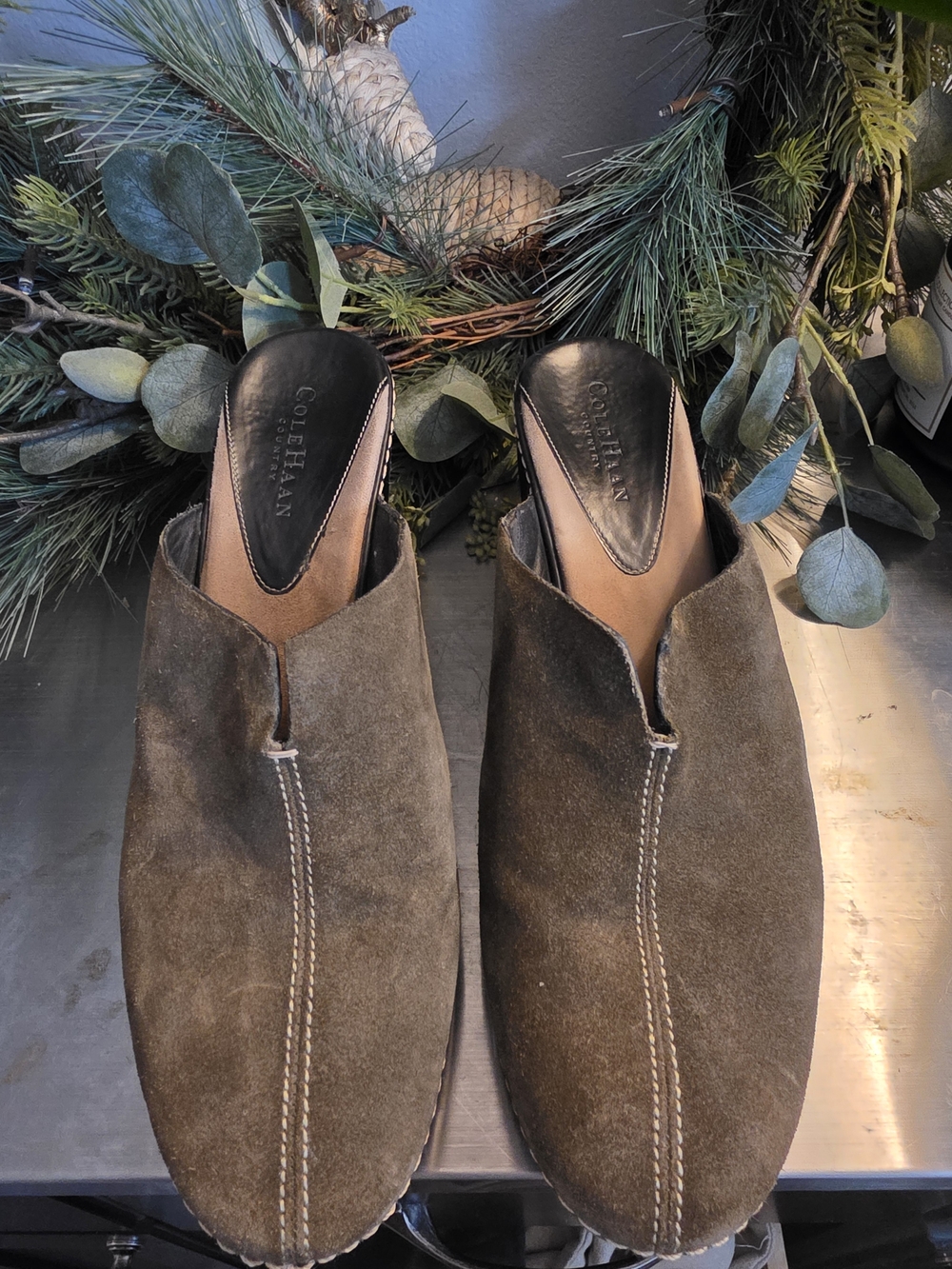 Cole Haan Olive-Brown Suede Slip-On Clogs